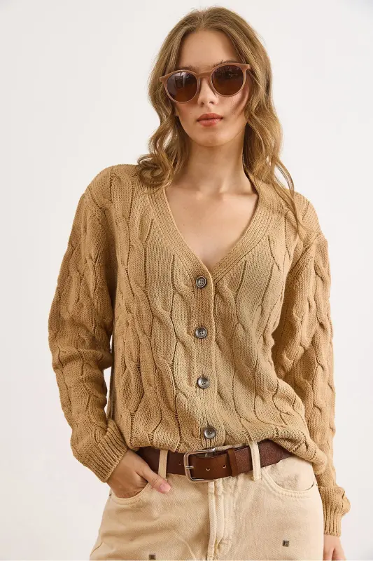 Kadın Camel Saç Örgülü Triko Hırka HRK-19000298-Camel - 4