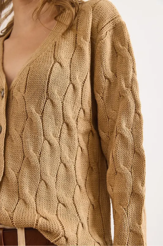 Kadın Camel Saç Örgülü Triko Hırka HRK-19000298-Camel - 5