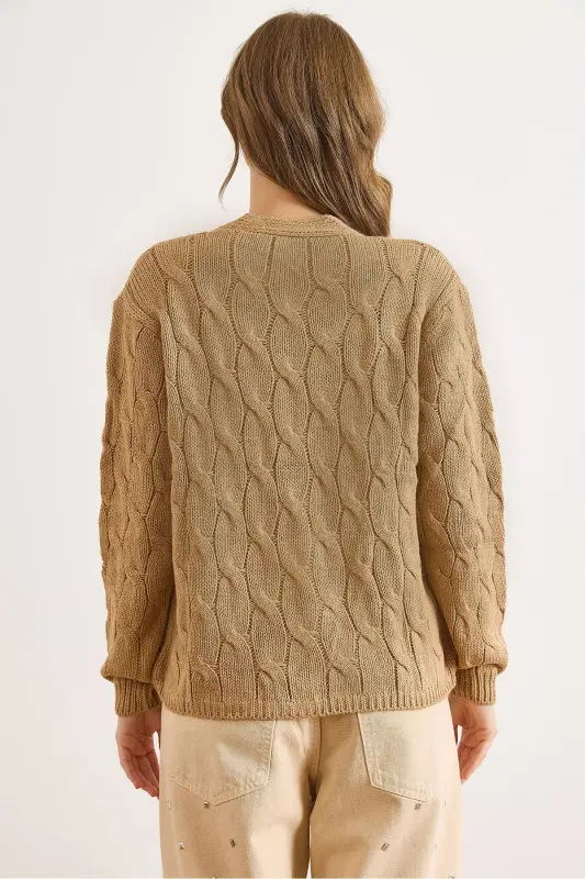 Kadın Camel Saç Örgülü Triko Hırka HRK-19000298-Camel - 6