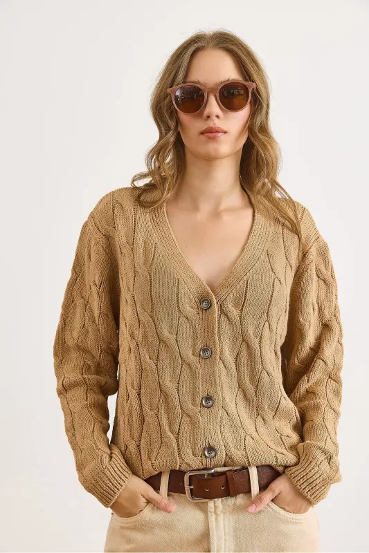 Kadın Camel Saç Örgülü Triko Hırka HRK-19000298-Camel - 2