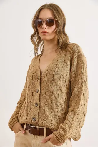 Kadın Camel Saç Örgülü Triko Hırka HRK-19000298-Camel - 3