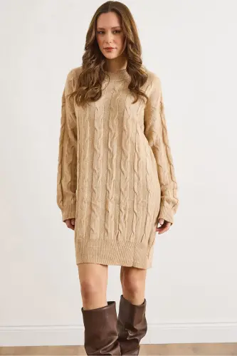 Kadın Camel Saç Örgülü Triko Tunik Elbise ELB-19002312 - Camel - 1