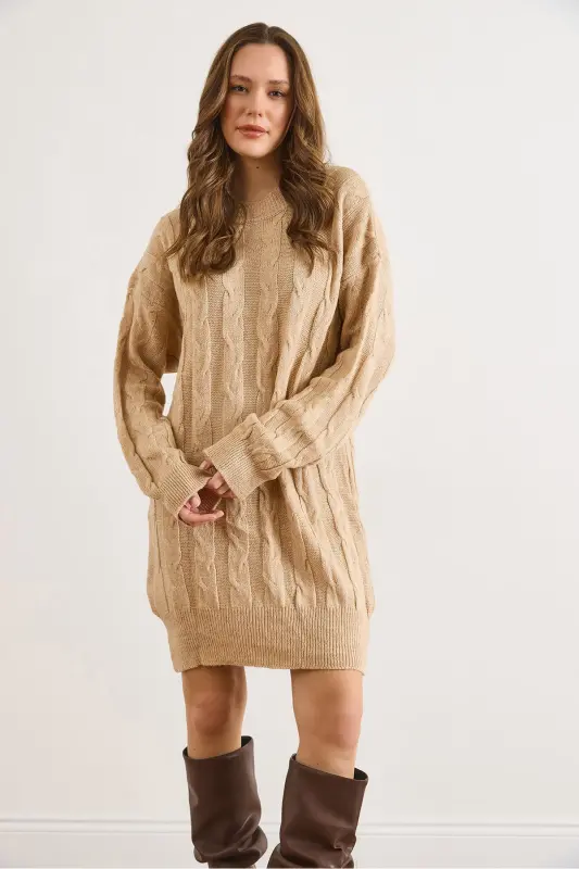 Kadın Camel Saç Örgülü Triko Tunik Elbise ELB-19002312 - Camel - 2