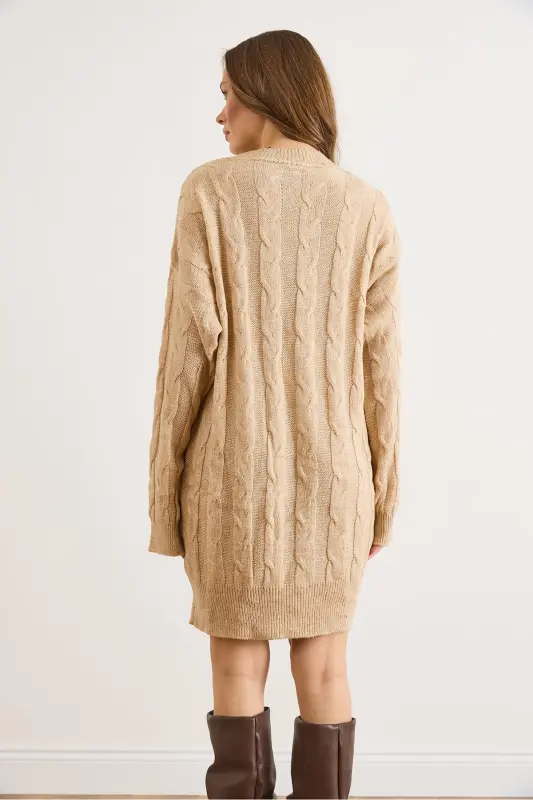 Kadın Camel Saç Örgülü Triko Tunik Elbise ELB-19002312 - Camel - 3