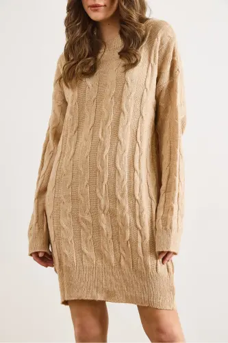 Kadın Camel Saç Örgülü Triko Tunik Elbise ELB-19002312 - Camel - 4