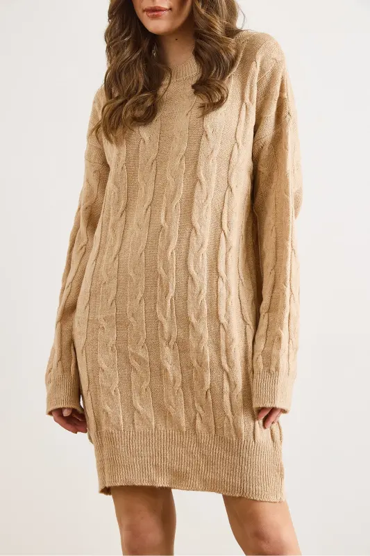 Kadın Camel Saç Örgülü Triko Tunik Elbise ELB-19002312 - Camel - 4