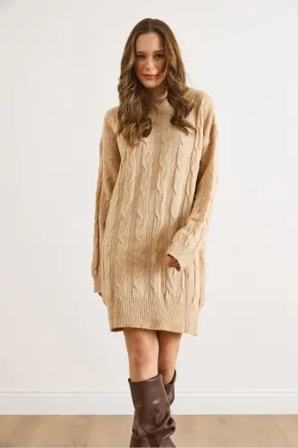 Kadın Camel Saç Örgülü Triko Tunik Elbise ELB-19002312 - Camel - 5