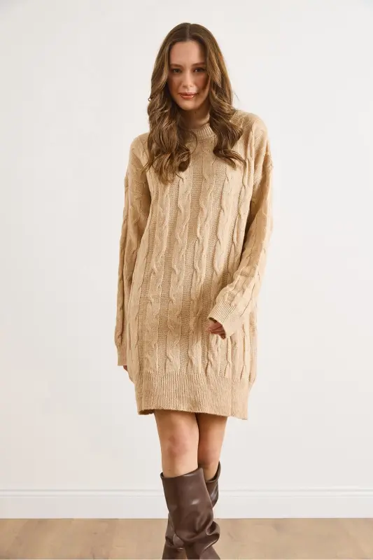 Kadın Camel Saç Örgülü Triko Tunik Elbise ELB-19002312 - Camel - 5