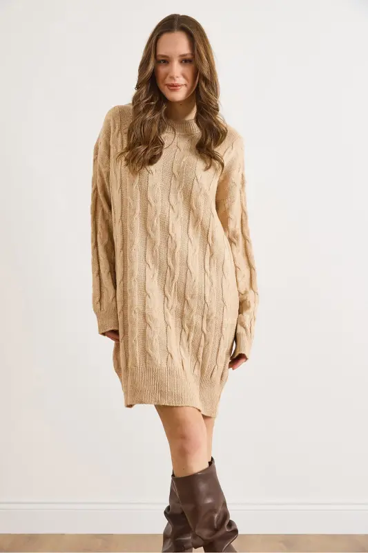 Kadın Camel Saç Örgülü Triko Tunik Elbise ELB-19002312 - Camel - 6