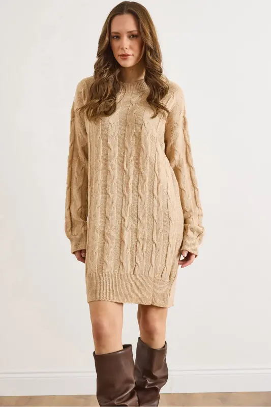Kadın Camel Saç Örgülü Triko Tunik Elbise ELB-19002312 - Camel - OLALOOK