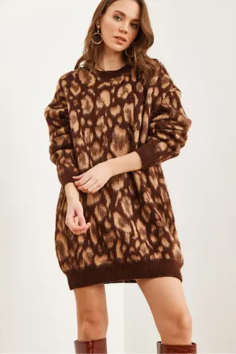 Kadın Camel Şardonlu Oversize Leopar Tunik Elbise ELB-19002298 - Camel - 5
