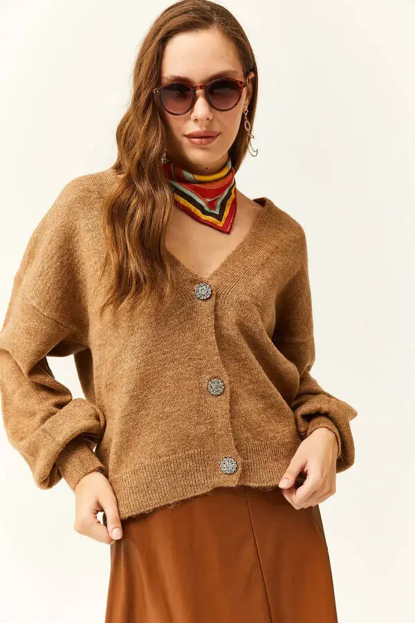 Kadın Camel Taş Düğmeli Yumuşak Dokulu Triko Hırka HRK-19000253-Camel - 3