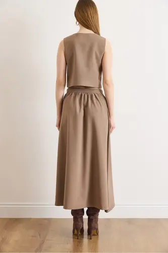 Kadın Camel Üst Astarlı Yelek Alt Düğmeli Kloş Etek Takım TKM-19000376-Camel - 6