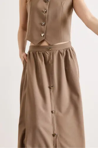 Kadın Camel Üst Astarlı Yelek Alt Düğmeli Kloş Etek Takım TKM-19000376-Camel - 5