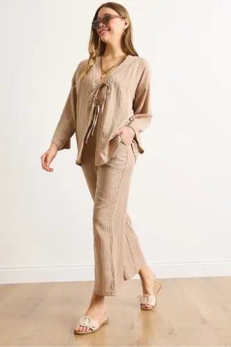 Kadın Camel Üst Bağcıklı Hırka Alt Cepli Pantolon Takım TKM-19000404 - Camel - 1