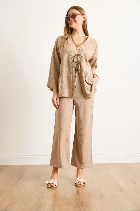 Kadın Camel Üst Bağcıklı Hırka Alt Cepli Pantolon Takım TKM-19000404 - Camel - 3