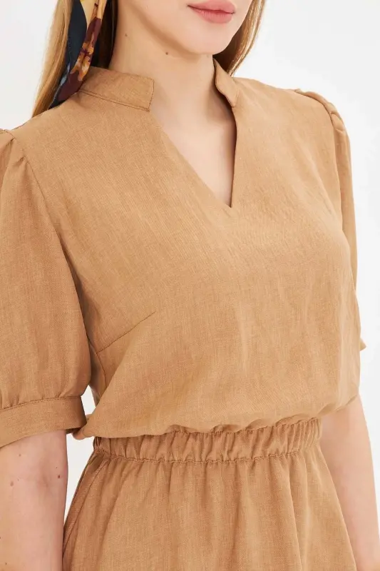 Kadın Camel V Yaka Beli Lastikli Kısa Kollu Kloş Elbise ARM-25Y001001-CAMEL - 2