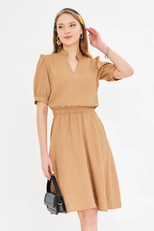Kadın Camel V Yaka Beli Lastikli Kısa Kollu Kloş Elbise ARM-25Y001001-CAMEL - 3