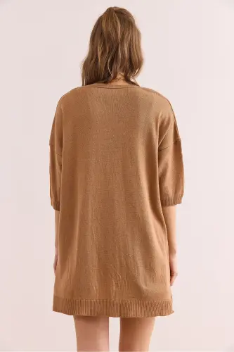Kadın Camel V Yaka Kısa Kollu Dökümlü Bluz BLZ-19002899 - Camel - 2