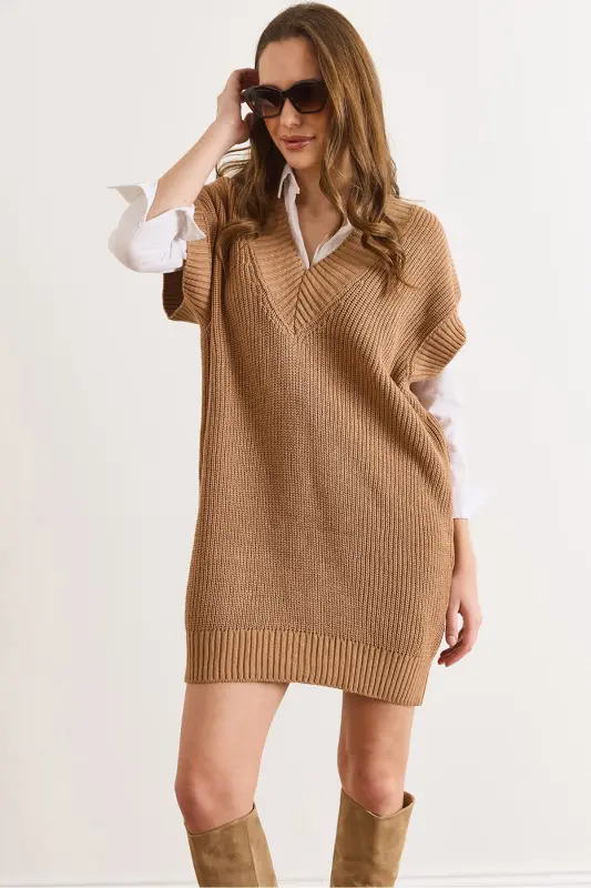 Kadın Camel V Yaka Triko Tunik Elbise ELB-19002343-Camel - OLALOOK