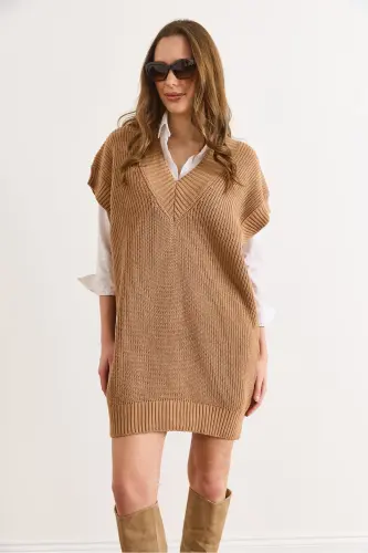 Kadın Camel V Yaka Triko Tunik Elbise ELB-19002343-Camel - OLALOOK (1)