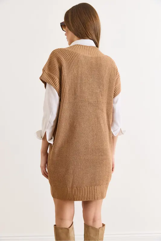 Kadın Camel V Yaka Triko Tunik Elbise ELB-19002343 - Camel - 3