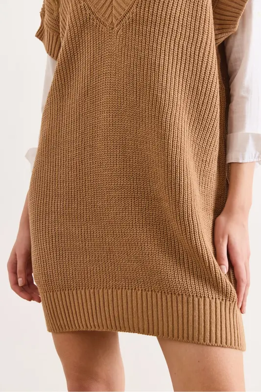 Kadın Camel V Yaka Triko Tunik Elbise ELB-19002343 - Camel - 4