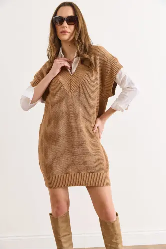 Kadın Camel V Yaka Triko Tunik Elbise ELB-19002343 - Camel - 6