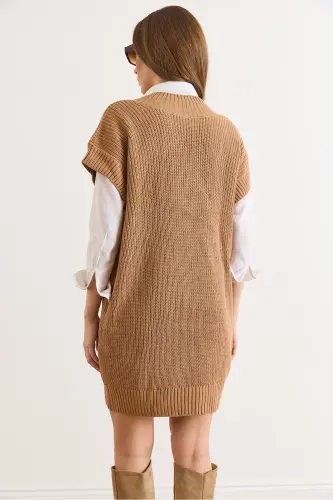 Kadın Camel V Yaka Triko Tunik Elbise ELB-19002343-Camel - 3