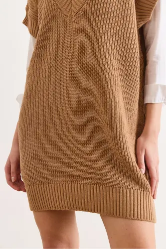 Kadın Camel V Yaka Triko Tunik Elbise ELB-19002343-Camel - 4