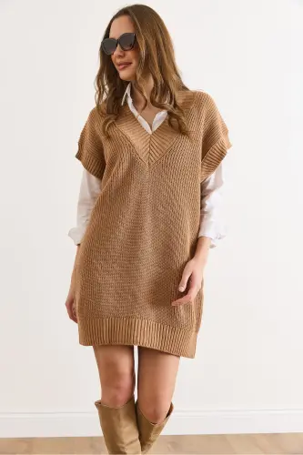 Kadın Camel V Yaka Triko Tunik Elbise ELB-19002343-Camel - 5