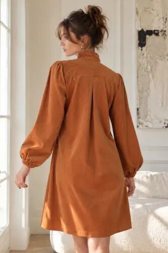 Kadın Camel Yakası Bağlamalı Kolları Lastikli Kadife Elbise ARM-25K001087 - Camel - armonika (1)