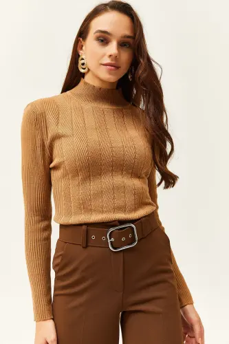 Kadın Camel Yarım Balıkçı Zikzak Dokulu Yumuşak Triko Kazak KZK-19000447 - Camel 
