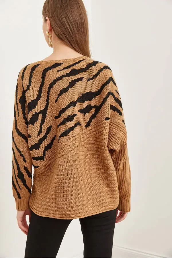 Kadın Camel Zebra Detaylı Triko Kazak KZK-19000819-Camel - 5