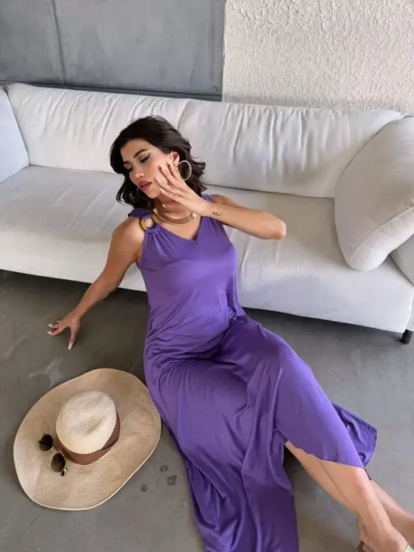 Kadın çan Dokuma Kumaş V Yaka Asimetrik Kesim Elbise - 6