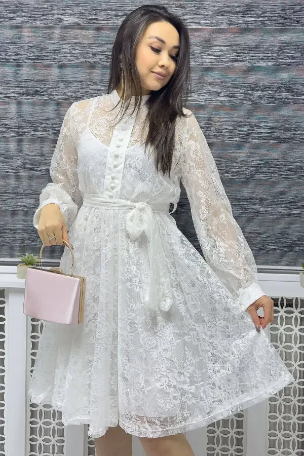 Kadın Çan Fransız Güpür Düğmeli Büyük Beden Abiye Elbise-Beyaz - 3