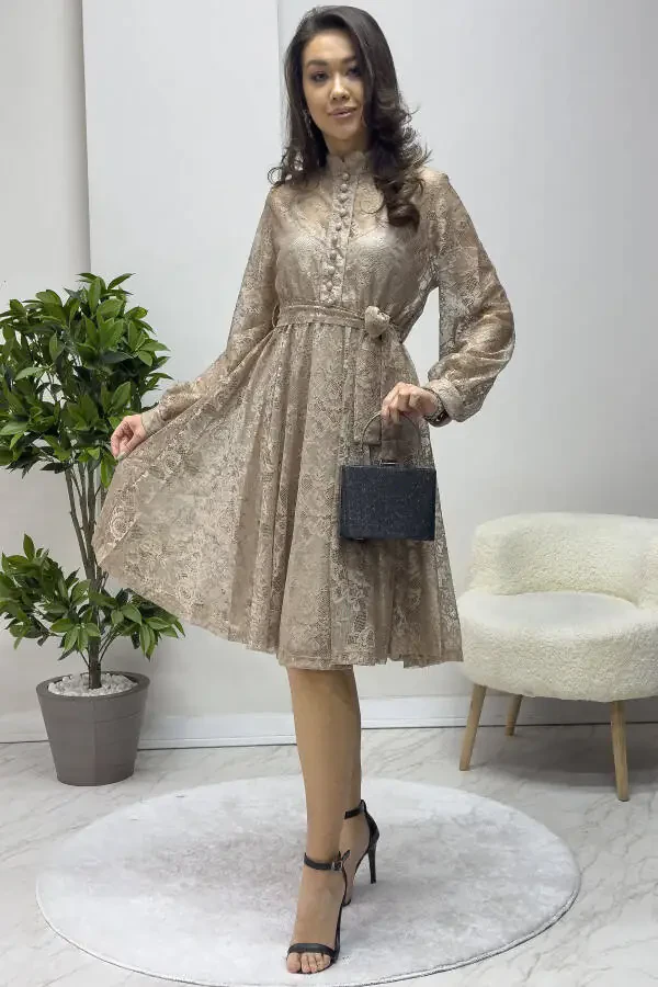 Kadın Çan Fransız Güpür Düğmeli Büyük Beden Abiye Elbise Bej, Yeşil, Siyah, Beyaz, Kırmızı-Bej - 3