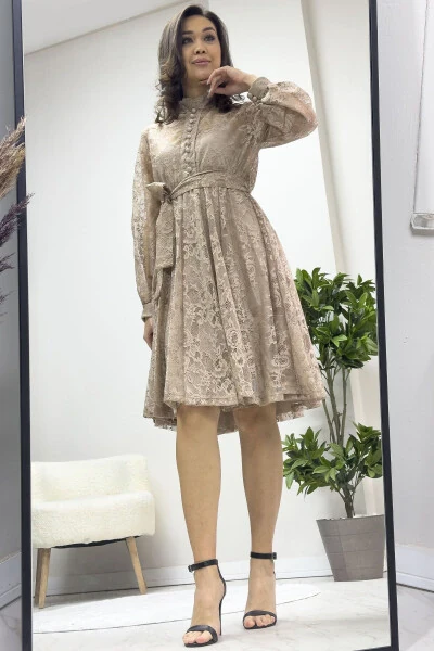 Kadın Çan Fransız Güpür Düğmeli Büyük Beden Abiye Elbise Bej, Yeşil, Siyah, Beyaz, Kırmızı-Bej - 4