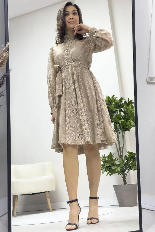 Kadın Çan Fransız Güpür Düğmeli Büyük Beden Abiye Elbise Bej, Yeşil, Siyah, Beyaz, Kırmızı-Bej - 4