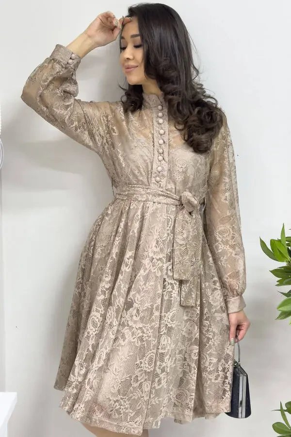 Kadın Çan Fransız Güpür Düğmeli Büyük Beden Abiye Elbise Bej, Yeşil, Siyah, Beyaz, Kırmızı-Bej - 5