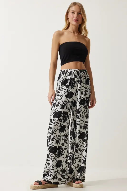 Kadın Canlı Beyaz Desenli Dökümlü Viskon Palazzo Pantolon EN00606-Canlı Beyaz - 1