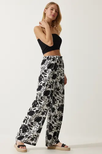 Kadın Canlı Beyaz Desenli Dökümlü Viskon Palazzo Pantolon EN00606-Canlı Beyaz - 2