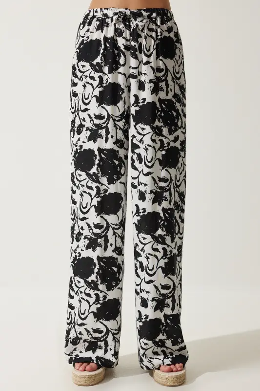 Kadın Canlı Beyaz Desenli Dökümlü Viskon Palazzo Pantolon EN00606-Canlı Beyaz - 4