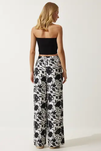 Kadın Canlı Beyaz Desenli Dökümlü Viskon Palazzo Pantolon EN00606-Canlı Beyaz - 6