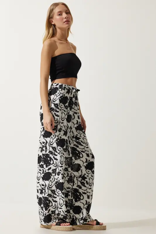 Kadın Canlı Beyaz Desenli Dökümlü Viskon Palazzo Pantolon EN00606 - Canlı Beyaz - 3