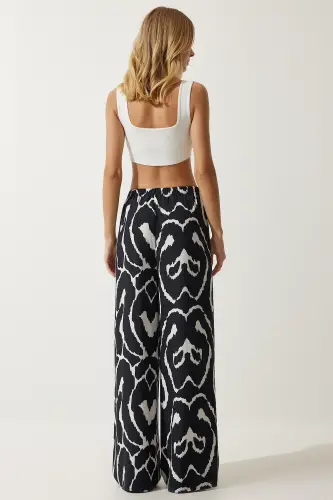 Kadın Canlı Siyah Beyaz Desenli Dökümlü Viskon Palazzo Pantolon EN00606-Canlı Siyah Beyaz - 7