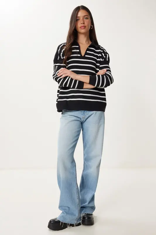 Kadın Canlı Siyah Polo Yaka Crop Triko Kazak US00293 - Canlı Siyah - 4
