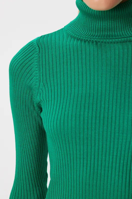 Kadın Canlı Yeşil Boğazlı Fitilli Likralı Kazak DD01007-Zümrüt Yeşili - 4