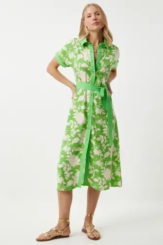 Kadın Canlı Yeşil Çiçekli Yazlık İnce Viskon Elbise DD01311-Canlı Yeşil - Modazone (1)