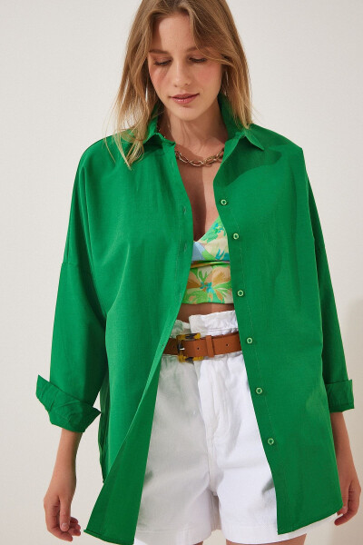Kadın Canlı Yeşil Oversize Uzun Basic Gömlek DD00842 - Canlı Yeşil 